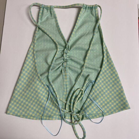 Elodie Gingham Halter Top XL Green Yellow Ruched Crop Tank Y2K Festival Cami - Picture 3 of 10